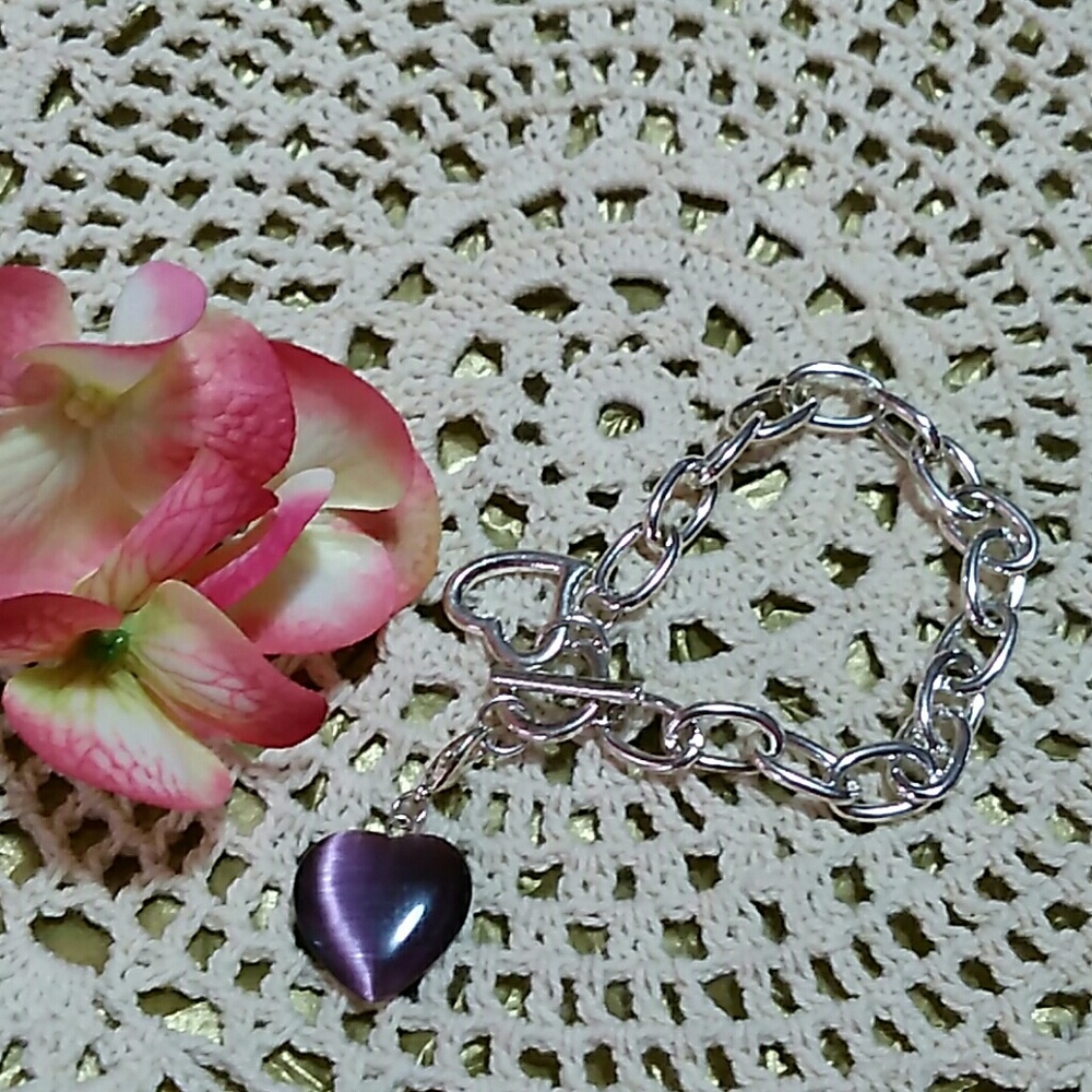 Purple heart and silver tone bracelet